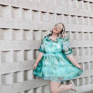 Plus Size | 2X | SHEIN | Puff-Sleeve Mini Dress | Green | Angel Print | Selkie